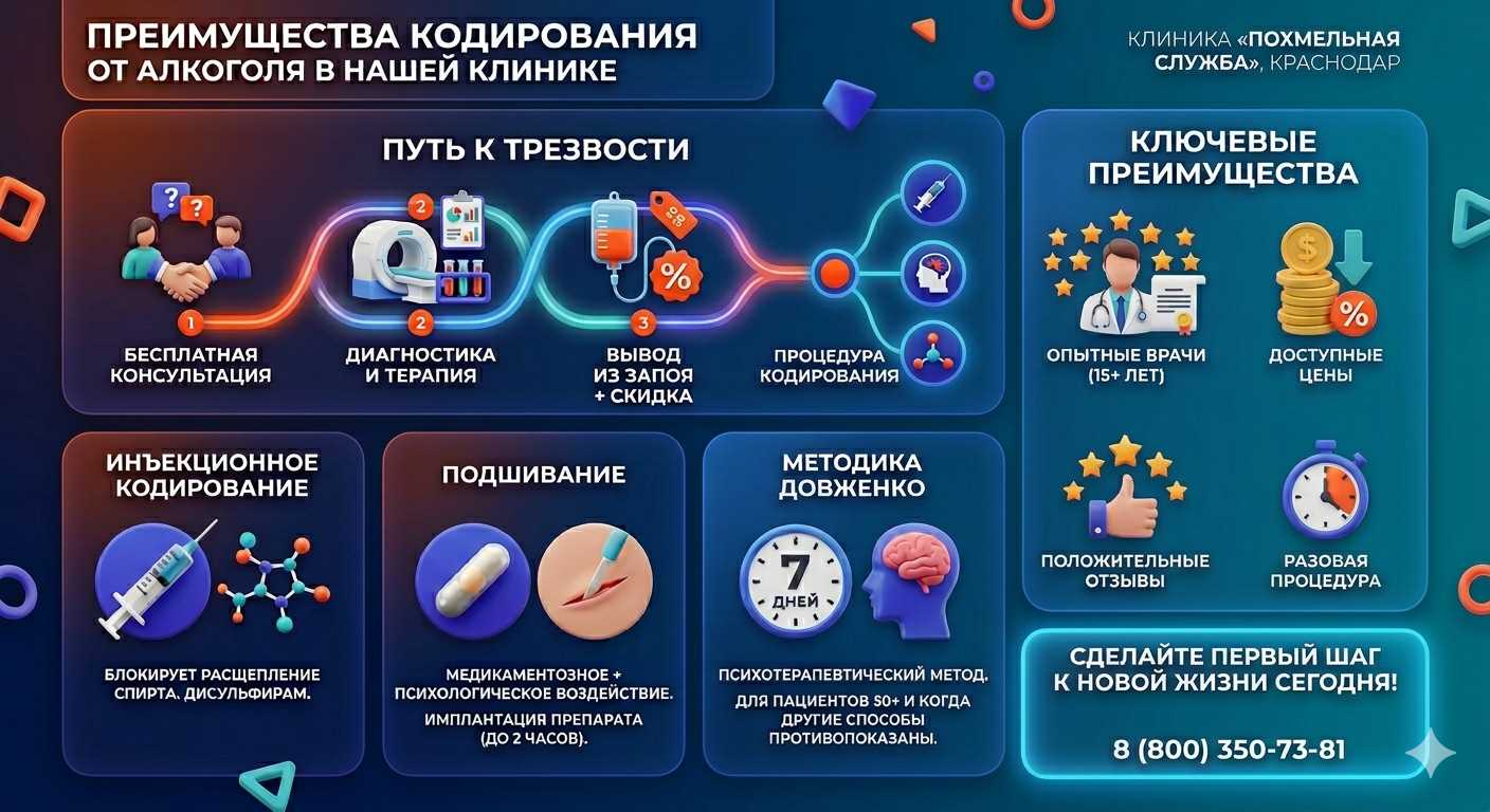 Инфографика о методах кодирования от алкоголя в Черкесске: инъекции, подшивание, метод Довженко. Преимущества клиники и этапы лечения.