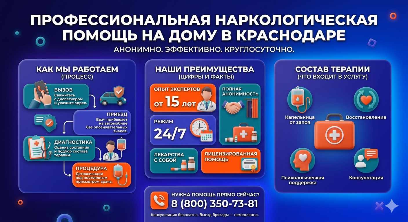 Инфографика о принципах лечения алкоголизма на дому в Черкесске: этапы вызова нарколога, преимущества анонимной детоксикации и состав медицинской помощи.